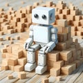 3d rendering of a white robot sitting on a pile of wooden cubes