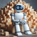 3d rendering of a white robot sitting on a pile of wooden cubes