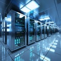 3D rendering of a white server room with computer storage systems Royalty Free Stock Photo