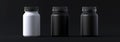 3d rendering of white, silver, and black plastic jars with labels. Whey protein and mass gainers are isolated on white. Royalty Free Stock Photo