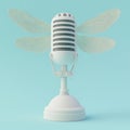 A 3D rendering of a white singer microphone, displayed on a turquoise background