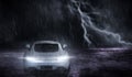 3D rendering the white sports car that focuses on the back, runs on a road with rain and lightning at night