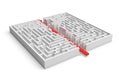 3d rendering of a white square maze in side view divided in half by a red arrow line. Royalty Free Stock Photo