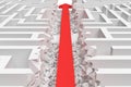3d rendering of a white square maze in side view divided in half by a red arrow line. Royalty Free Stock Photo