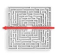 3d rendering of a white square maze in side view divided in half by a red arrow line. Royalty Free Stock Photo