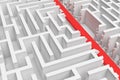 3d rendering of a white square maze in side view divided in half by a red arrow line. Royalty Free Stock Photo