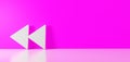 3D rendering of white symbol of rewind icon leaning on color wall with floor reflection with empty space on right side