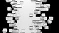 3D rendering of a white wall fragmentation into cubes isolated on a black background. Geometric pattern of crushing and Royalty Free Stock Photo