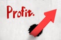 3d rendering of white wall with title `Profit` and red arrow rising up from hole in wall.