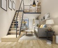 3d rendering white wood living room near stair minimal style