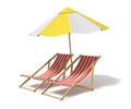 3d rendering of a white and yellow beach umbrella standing above two deck chairs. Royalty Free Stock Photo