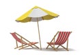 3d rendering of a white and yellow beach umbrella standing above two deck chairs. Royalty Free Stock Photo