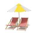 3d rendering of a white and yellow beach umbrella standing above two deck chairs. Royalty Free Stock Photo