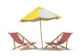 3d rendering of a white and yellow beach umbrella standing above two deck chairs. Royalty Free Stock Photo