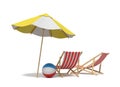 3d rendering of a white and yellow beach umbrella standing above two deck chairs. Royalty Free Stock Photo