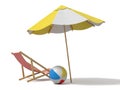 3d rendering of a white and yellow beach umbrella and wooden deck chair.