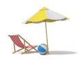 3d rendering of a white and yellow beach umbrella and wooden deck chair.