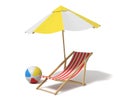 3d rendering of a white and yellow beach umbrella and wooden deck chair.