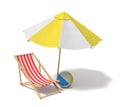 3d rendering of a white and yellow beach umbrella and wooden deck chair.