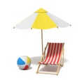 3d rendering of a white and yellow beach umbrella and wooden deck chair.