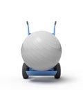 3d rendering of white yoga exercise ball on blue hand truck.