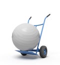 3d rendering of white yoga exercise ball on blue hand truck.