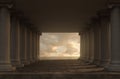 3d rendering of a wide hall with ionic columns and view to beautiful sea