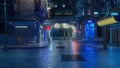 3D illustration of a wide wet evening scene in a downtown street of a futuristic cyberpunk city