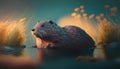 3D rendering of a wild beaver in the pond at sunset Royalty Free Stock Photo