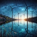 Wind turbines on the shore of the lake at sunset. 3D rendering, generative ai