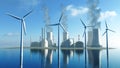 Rendering of wind turbines and a nuclear power plant