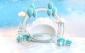 3d rendering winter podium stage with blue balloon and giftbox snowball landscape background