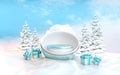 3d rendering winter podium stage with blue giftbox, snowball Christmas tree landscape background