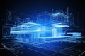 3D rendering wireframe model of building on blue background. Technology concept. Generative AI Royalty Free Stock Photo