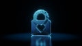 3d rendering wireframe neon glowing symbol of lock on black background with reflection