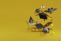 3d rendering witch, spider, cat, bat happy arround black giftbox explored on yellow background