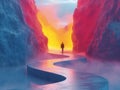 3d rendering of a woman standing on a path in the middle of a canyon Generative AI