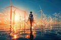 Woman in windmills. Ecology concept. 3D Rendering, generative ai