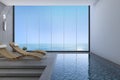 3d rendering wood bed bench near pool and sea view from window with modern Royalty Free Stock Photo