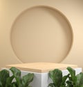 3d Rendering Wood Display Podium, Tropic Plant, Beige Pastel Color Illustration Background