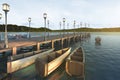 3d rendering wood pier near sea and nice mountain view with retro boat Royalty Free Stock Photo