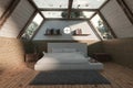 3d rendering of wooden bedroom with panoramic roof in a cabin house