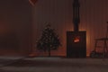 3d rendering of wooden chalet with cosy fireplace next to the christmas tree and frozen window