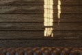 3d rendering of wooden cottage wall with projecting sunlight silhouette of window