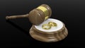 3D rendering of wooden gavel and two gold wedding bands