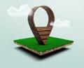 3d rendering of a wooden map pointer on cubical soil land cross-section with green grass ground