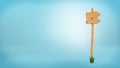 3d rendering of a wooden pole with some grass on it`s base and two blank arrows on the top. Royalty Free Stock Photo