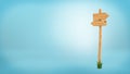 3d rendering of a wooden pole with some grass on it`s base and two blank arrows on the top. Royalty Free Stock Photo