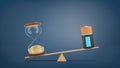 3d rendering of a wooden seesaw with a retro hourglass heavier than a fully charged battery.