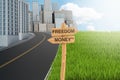 3d rendering of wooden sign which reads `FREEDOM` pointing to green lawn and `MONEY` pointing to concrete jungle.